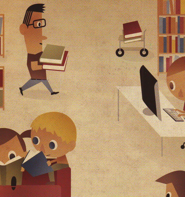 Illustrasjon: Barn og en voksen i et bibliotek