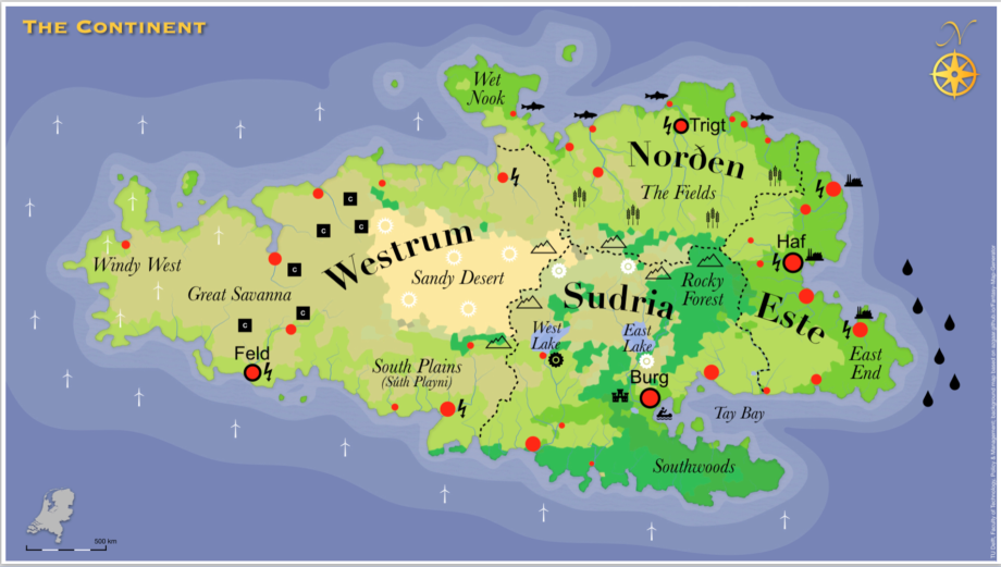 Geographical map of a continent seen from above. Ocean at surrounding the green continent. The continent is further divided into countries called Westrum, Sudria, Norden and Este. 